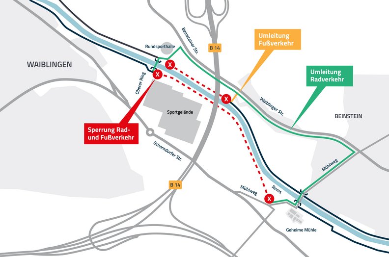 Bau der SEL führt zu Einschränkungen an der Rems in Waiblingen - Karte